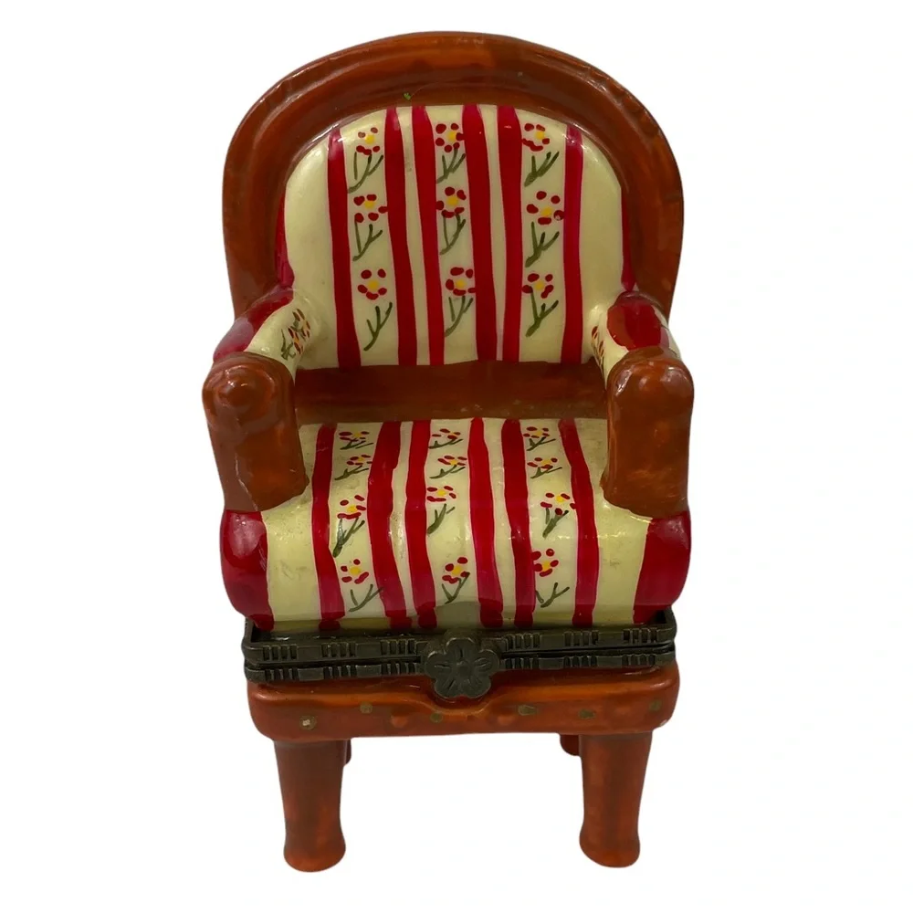 Vintage Limoges MCM Hand Painted Floral Striped Grandma Chair Cottagecore Pill